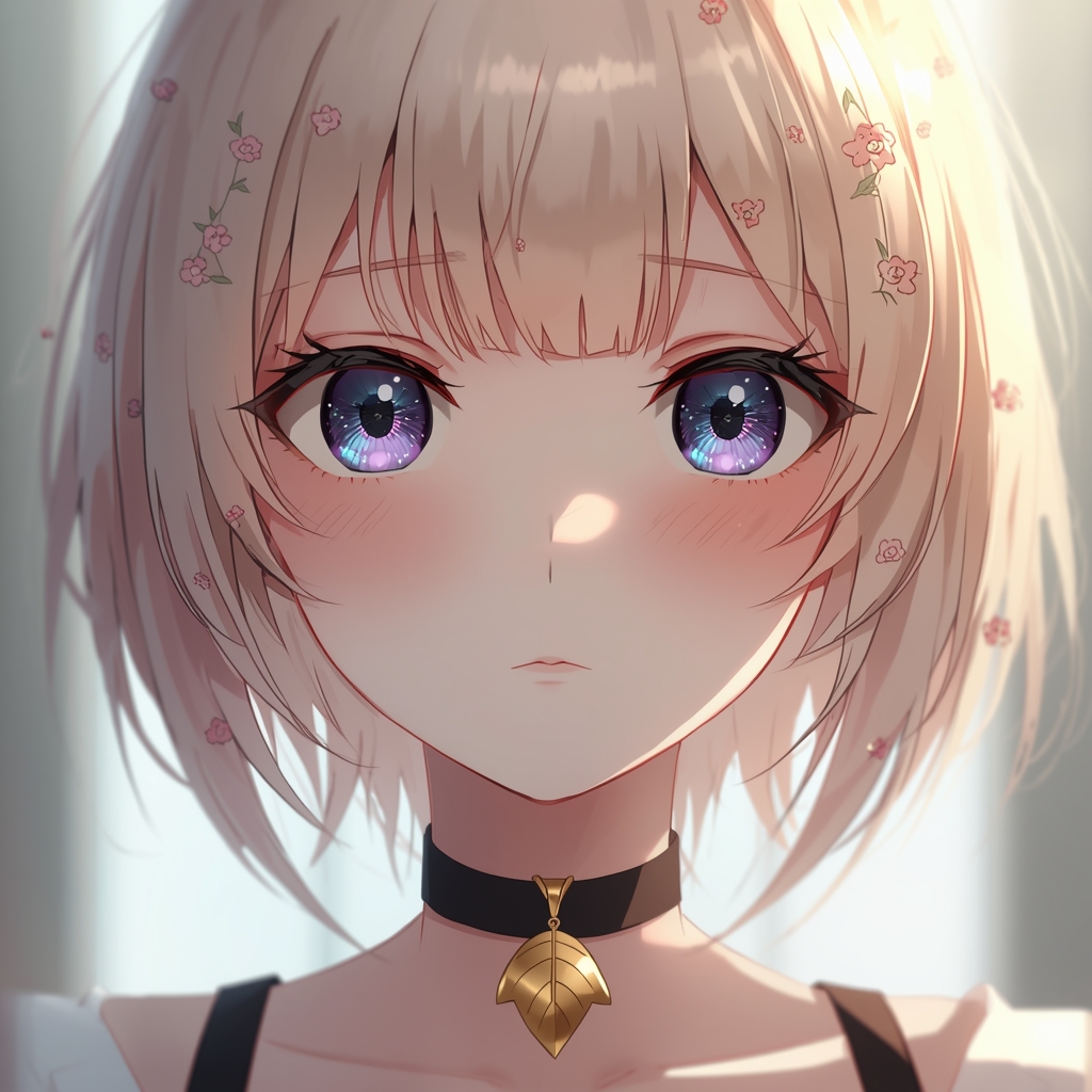 Ratio 9:16.This image is an exquisite anime-style illustration depicting a female character. Her hair is light-colored with a subtle pink hue and adorned with tiny floral patterns. Her eyes are very large, with pupils displaying a gradient of deep blue and purple, giving them a lively sparkle. Her expression is calm, with a slight upward curve at the corners of her mouth, exuding a gentle vibe. Her skin is fair, with faint blushes on her cheeks, adding a touch of delicacy. Around her neck, she wears a black necklace with a golden pendant shaped like a leaf. The overall color palette of the image is soft, with a blurred background that highlights the character's facial features and intricate details.