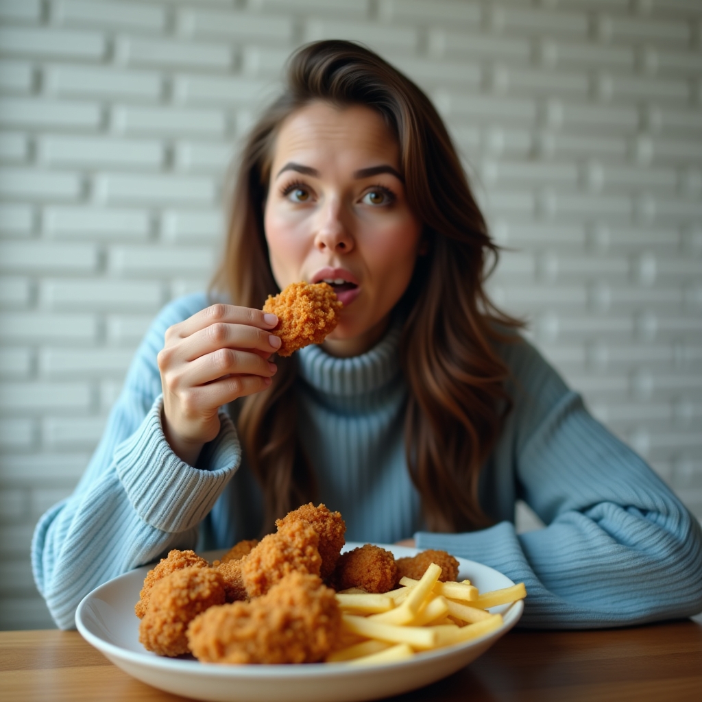 A woman enjoys a fry from a plate of fried chicken and fries, wearing a light blue sweater against a white brick wall.