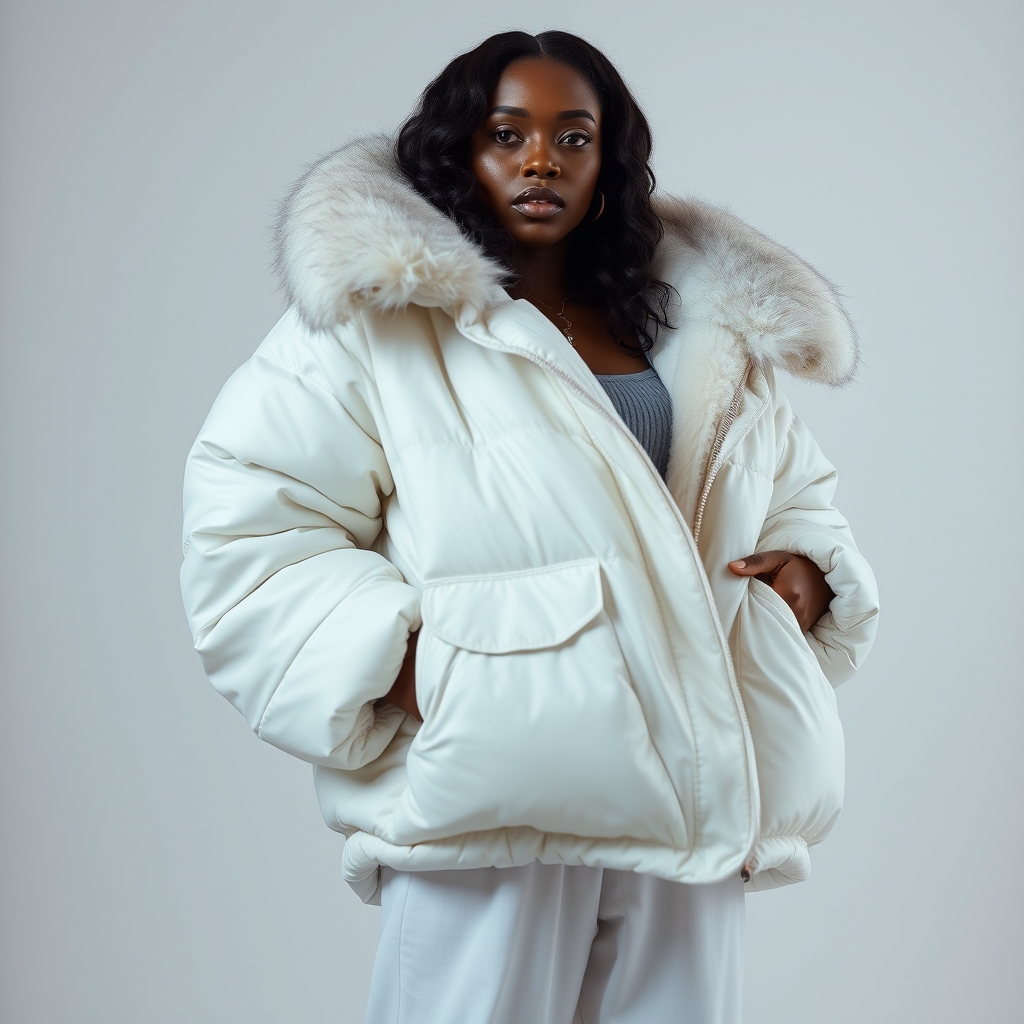 A close-up editorial portrait of a poised Black woman wearing an oversized white puffer coat with a voluminous fur collar, large sleeves, and deep pockets. She pairs it with loose-fitting white pants and gray sneakers. The framing is tight, emphasizing her glowing, hyperrealistic skin and serene expression. The monochromatic outfit contrasts beautifully with her rich brown skin tone, while the plain backdrop and soft, diffused lighting highlight texture, volume, and mood. The overall aesthetic is minimalist, winter-forward, and quietly powerful.