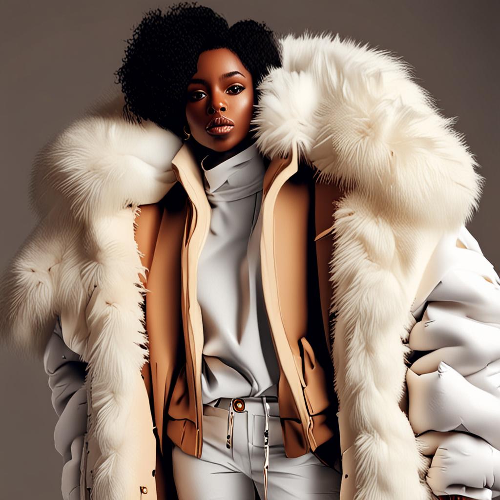 A close-up editorial portrait of a poised Black woman wearing an oversized white puffer coat with a voluminous fur collar, large sleeves, and deep pockets. She pairs it with loose-fitting white pants and gray sneakers. The framing is tight, emphasizing her glowing, hyperrealistic skin and serene expression. The monochromatic outfit contrasts beautifully with her rich brown skin tone, while the plain backdrop and soft, diffused lighting highlight texture, volume, and mood. The overall aesthetic is minimalist, winter-forward, and quietly powerful.