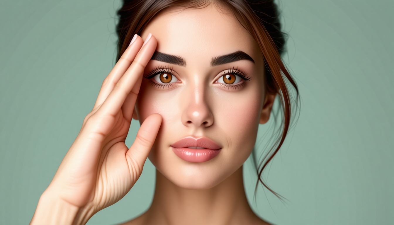 artistic beauty portrait featuring a woman with her hand partially framing her face, creating a soft geometric gesture. glowing skin, minimal makeup, glossy lips, natural brows. crisp studio lighting with soft highlights. pastel lime-green background, minimal, clean, elegant