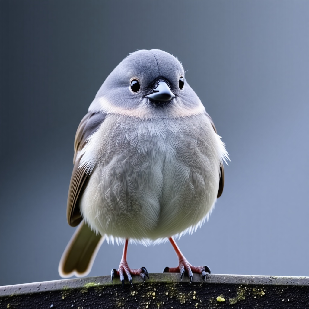 Close-up of a small gray bird with fluffy feathers and striking black eyes against a muted gray background.