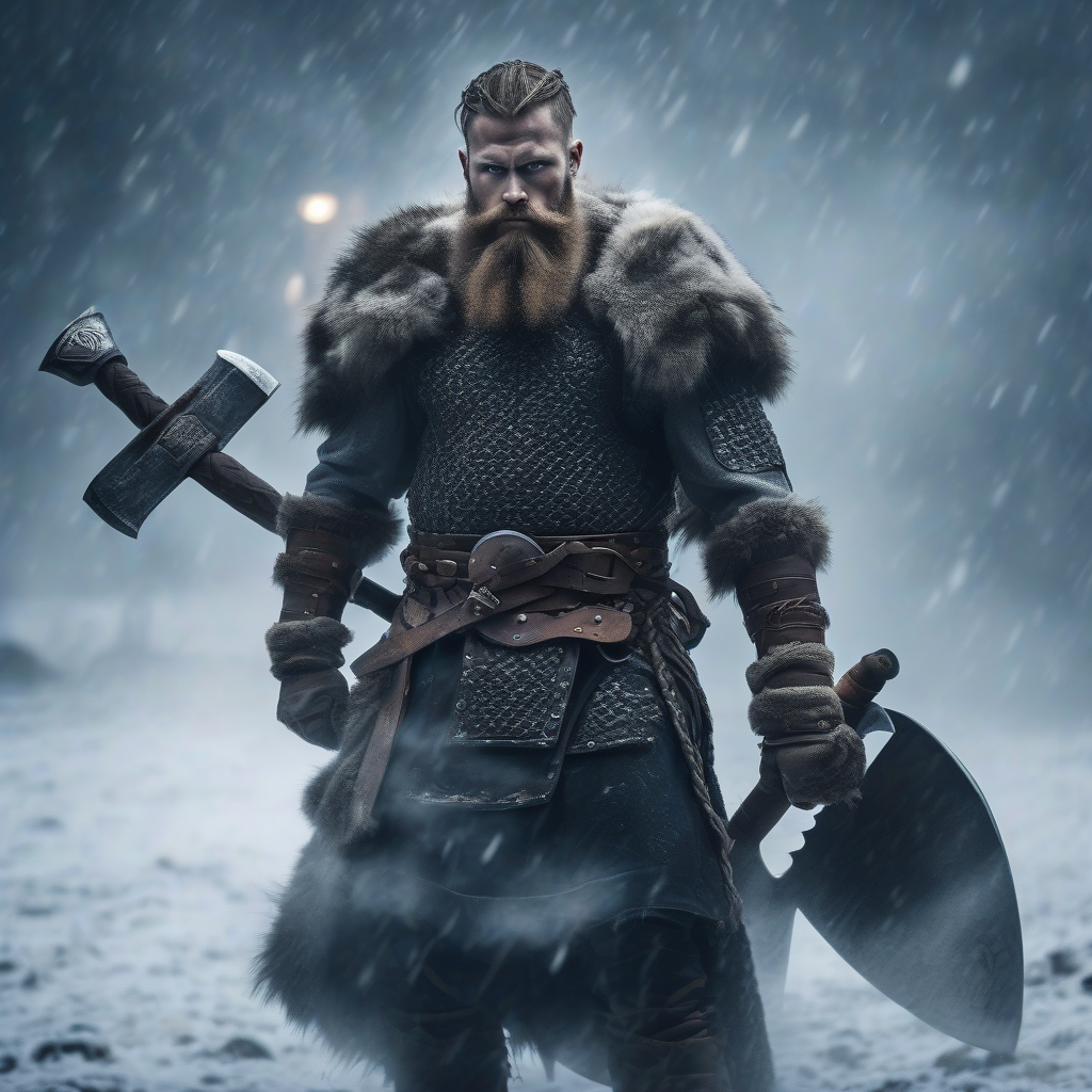 Epic Viking warrior, realistic, nordic armor, braided beard, holding battle axe, snow and fog, dramatic cinematic lighting, ultra detailed, sharp focus, dark atmosphere, film style, high detail, vertical portrait