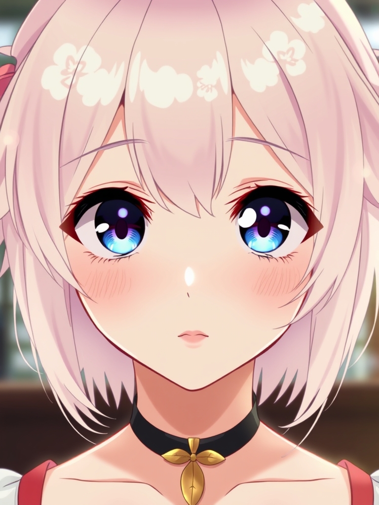 Ratio 9:16.This image is an exquisite anime-style illustration depicting a female character. Her hair is light-colored with a subtle pink hue and adorned with tiny floral patterns. Her eyes are very large, with pupils displaying a gradient of deep blue and purple, giving them a lively sparkle. Her expression is calm, with a slight upward curve at the corners of her mouth, exuding a gentle vibe. Her skin is fair, with faint blushes on her cheeks, adding a touch of delicacy. Around her neck, she wears a black necklace with a golden pendant shaped like a leaf. The overall color palette of the image is soft, with a blurred background that highlights the character's facial features and intricate details.