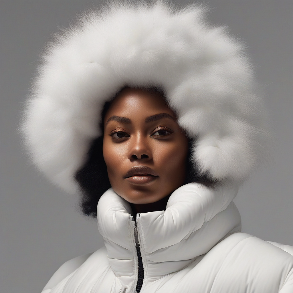A close-up editorial portrait of a poised Black woman wearing an oversized white puffer coat with a voluminous fur collar, large sleeves, and deep pockets. She pairs it with loose-fitting white pants and gray sneakers. The framing is tight, emphasizing her glowing, hyperrealistic skin and serene expression. The monochromatic outfit contrasts beautifully with her rich brown skin tone, while the plain backdrop and soft, diffused lighting highlight texture, volume, and mood. The overall aesthetic is minimalist, winter-forward, and quietly powerful.