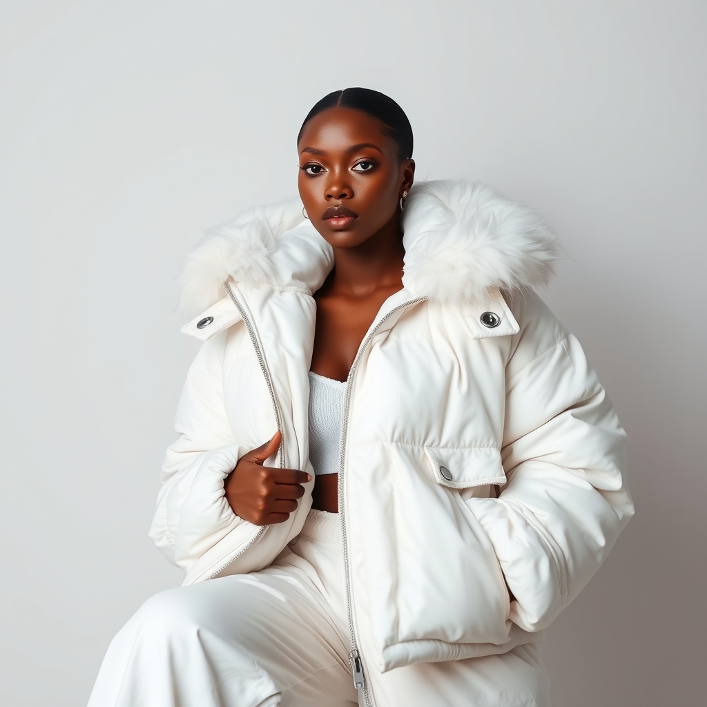 A close-up editorial portrait of a poised Black woman wearing an oversized white puffer coat with a voluminous fur collar, large sleeves, and deep pockets. She pairs it with loose-fitting white pants and gray sneakers. The framing is tight, emphasizing her glowing, hyperrealistic skin and serene expression. The monochromatic outfit contrasts beautifully with her rich brown skin tone, while the plain backdrop and soft, diffused lighting highlight texture, volume, and mood. The overall aesthetic is minimalist, winter-forward, and quietly powerful.