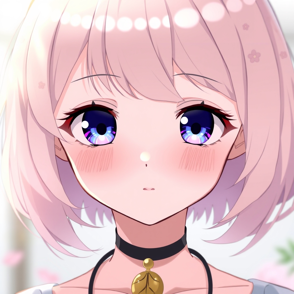 Ratio 9:16.This image is an exquisite anime-style illustration depicting a female character. Her hair is light-colored with a subtle pink hue and adorned with tiny floral patterns. Her eyes are very large, with pupils displaying a gradient of deep blue and purple, giving them a lively sparkle. Her expression is calm, with a slight upward curve at the corners of her mouth, exuding a gentle vibe. Her skin is fair, with faint blushes on her cheeks, adding a touch of delicacy. Around her neck, she wears a black necklace with a golden pendant shaped like a leaf. The overall color palette of the image is soft, with a blurred background that highlights the character's facial features and intricate details.
