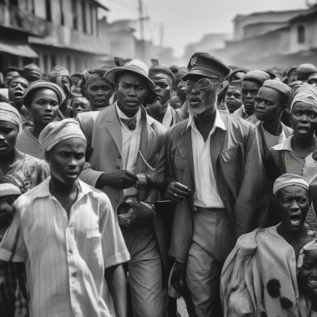 Cinematic black‑and‑white archival rally scene in colonial Lagos, crowds in period clothing, newspapers held high, dramatic lighting contrasts, visible film grain, low‑angle editorial framing, dynamic composition like documentary stills.  👉 Black & white + grain + dramatic composition evoke a classic documentary frame, perfect for political legacy scenes.