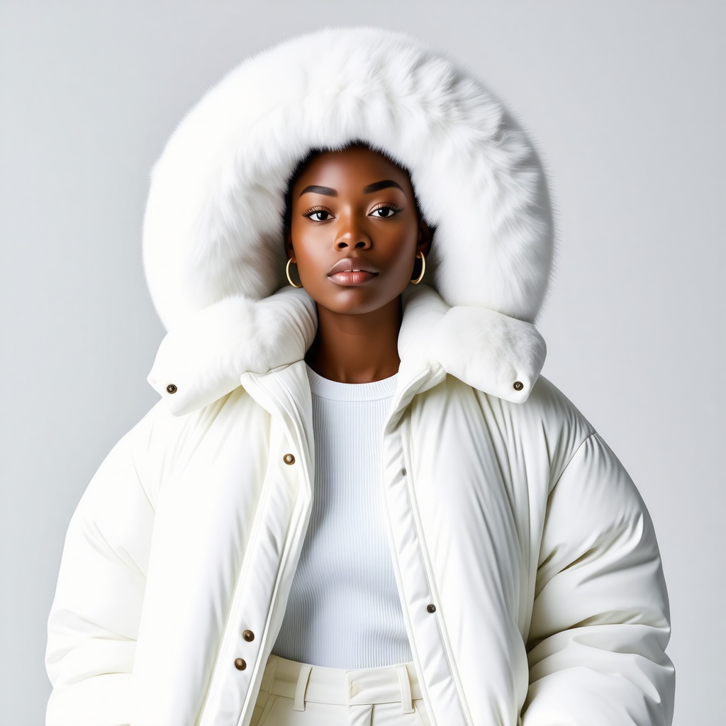 A close-up editorial portrait of a poised Black woman wearing an oversized white puffer coat with a voluminous fur collar, large sleeves, and deep pockets. She pairs it with loose-fitting white pants and gray sneakers. The framing is tight, emphasizing her glowing, hyperrealistic skin and serene expression. The monochromatic outfit contrasts beautifully with her rich brown skin tone, while the plain backdrop and soft, diffused lighting highlight texture, volume, and mood. The overall aesthetic is minimalist, winter-forward, and quietly powerful.