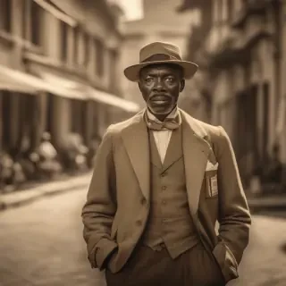 Cinematic portrait of Herbert Macaulay in early 20th‑century attire, warm sepia and golden hour lighting, shallow depth of field, soft film grain, blurred vintage Lagos street or old colonial newspapers in background, editorial look with dramatic shadows and warm tones.  👉 Specifies lighting, lens and atmosphere to feel like a cinematic character still — ideal for historical personality shots.