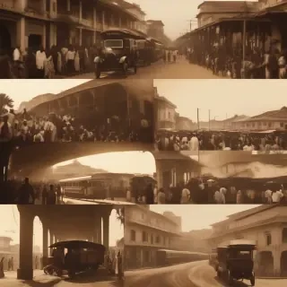 Wide cinematic montage of 1920s Lagos infrastructure — colonial bridges, railways, markets, and streets — warm sepia color grade, slow cinematic pan composition, soft lens flare, subtle film grain, powerful storytelling atmosphere evoking progress and history.  👉 Includes composition and lighting details usually used in cinematic prompts for atmospheric storytelling.