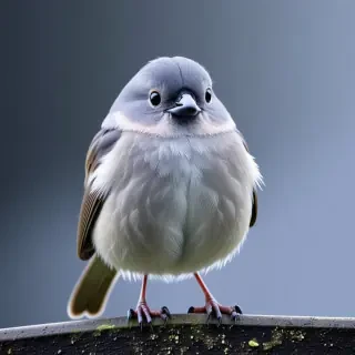 Close-up of a small gray bird with fluffy feathers and striking black eyes against a muted gray background.