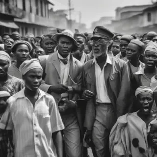 Cinematic black‑and‑white archival rally scene in colonial Lagos, crowds in period clothing, newspapers held high, dramatic lighting contrasts, visible film grain, low‑angle editorial framing, dynamic composition like documentary stills.  👉 Black & white + grain + dramatic composition evoke a classic documentary frame, perfect for political legacy scenes.