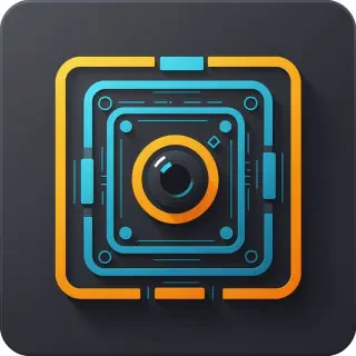 A clean square software icon for an n8n sub-workflow: stylized node connections forming a camera or image-generation symbol, glowing accents, minimalistic tech design, bold contrast, flat-ish icon style. Square layout 600x600.
