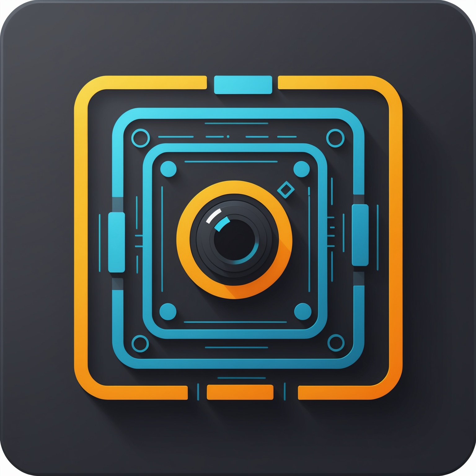 A clean square software icon for an n8n sub-workflow: stylized node connections forming a camera or image-generation symbol, glowing accents, minimalistic tech design, bold contrast, flat-ish icon style. Square layout 600x600.