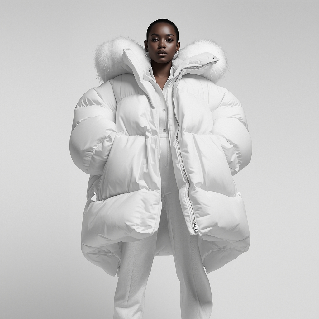 A close-up editorial portrait of a poised Black woman wearing an oversized white puffer coat with a voluminous fur collar, large sleeves, and deep pockets. She pairs it with loose-fitting white pants and gray sneakers. The framing is tight, emphasizing her glowing, hyperrealistic skin and serene expression. The monochromatic outfit contrasts beautifully with her rich brown skin tone, while the plain backdrop and soft, diffused lighting highlight texture, volume, and mood. The overall aesthetic is minimalist, winter-forward, and quietly powerful.