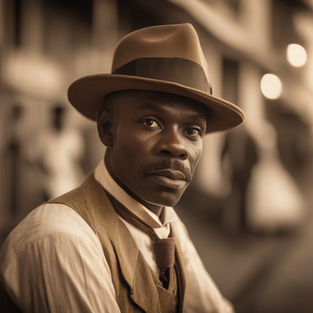 Cinematic portrait of Herbert Macaulay in early 20th‑century attire, warm sepia and golden hour lighting, shallow depth of field, soft film grain, blurred vintage Lagos street or old colonial newspapers in background, editorial look with dramatic shadows and warm tones.  👉 Specifies lighting, lens and atmosphere to feel like a cinematic character still — ideal for historical personality shots.