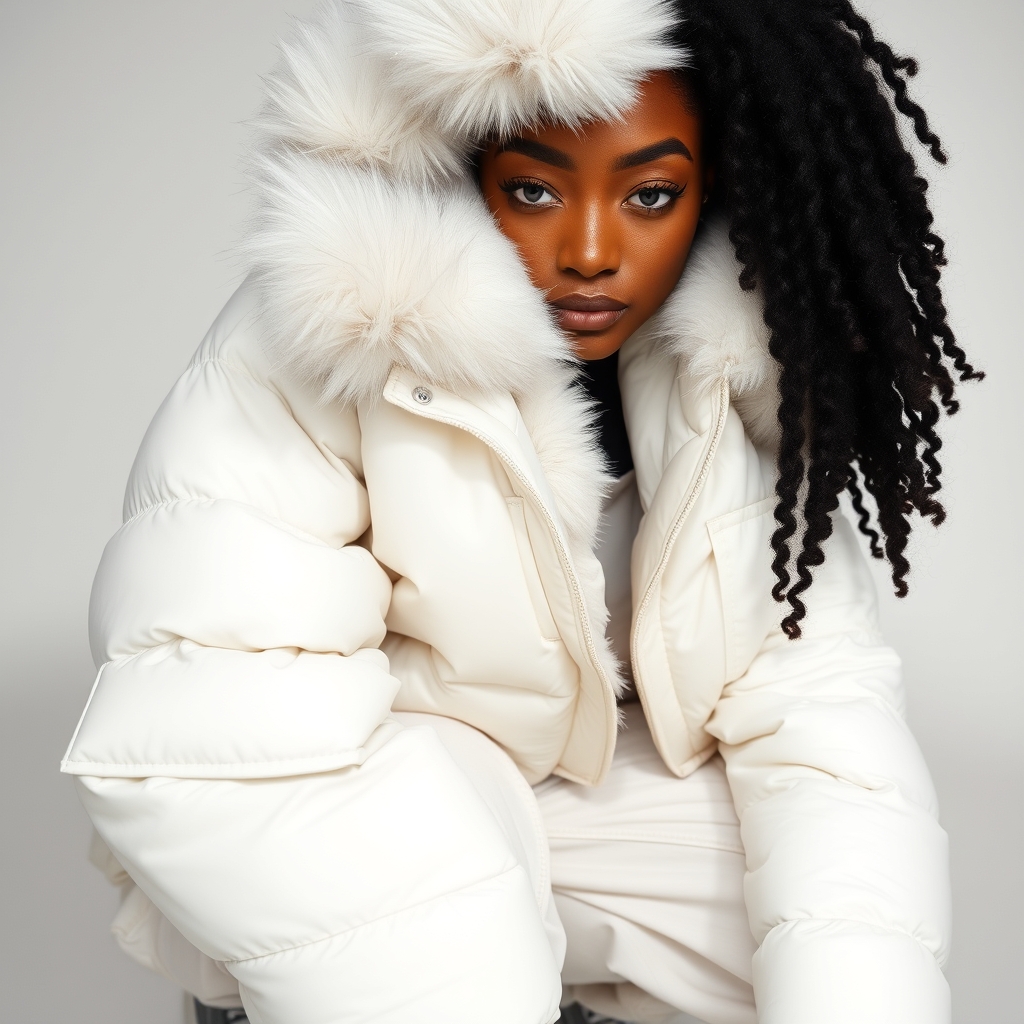 A close-up editorial portrait of a poised Black woman wearing an oversized white puffer coat with a voluminous fur collar, large sleeves, and deep pockets. She pairs it with loose-fitting white pants and gray sneakers. The framing is tight, emphasizing her glowing, hyperrealistic skin and serene expression. The monochromatic outfit contrasts beautifully with her rich brown skin tone, while the plain backdrop and soft, diffused lighting highlight texture, volume, and mood. The overall aesthetic is minimalist, winter-forward, and quietly powerful.