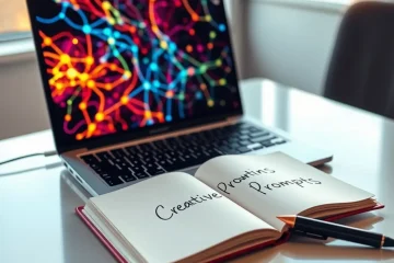 alt_text: A modern workspace bathed in morning light, featuring a laptop displaying colorful AI patterns and a notebook titled "Creative Prompts."