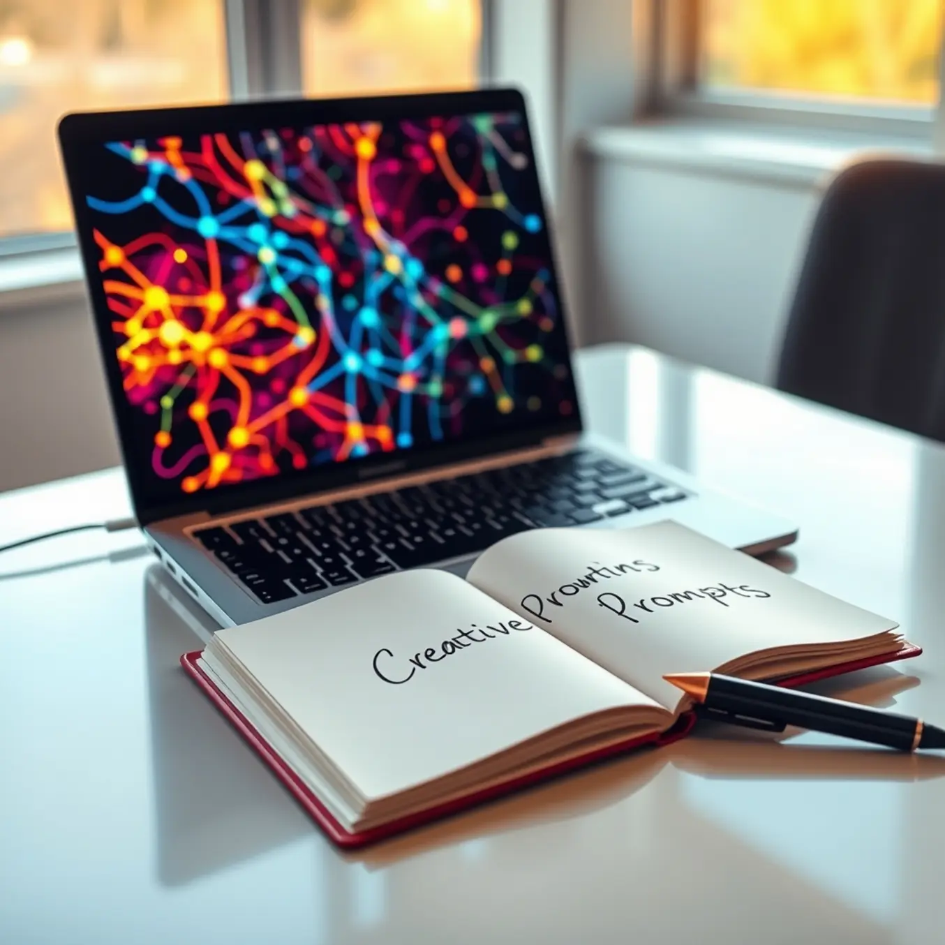 alt_text: A modern workspace bathed in morning light, featuring a laptop displaying colorful AI patterns and a notebook titled "Creative Prompts."