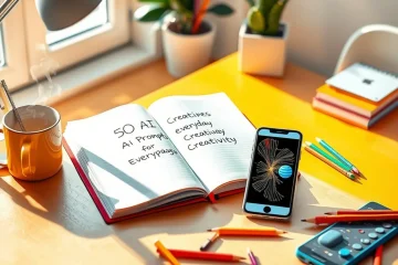 alt_text: A sunlit home office desk with a notebook titled "50 AI Prompt Ideas," a smartphone showing AI art, and a steaming mug.