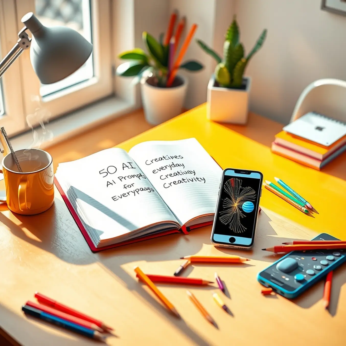 alt_text: A sunlit home office desk with a notebook titled "50 AI Prompt Ideas," a smartphone showing AI art, and a steaming mug.