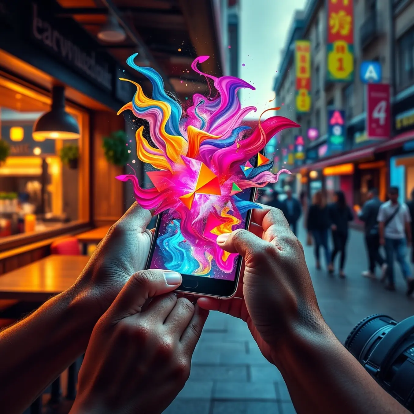 alt_text: A glowing smartphone held by diverse hands projects vibrant, abstract AI art into a cozy cafe and city street, creating magical connection.