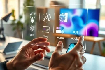 alt_text: A designer uses a sleek holographic interface with icons for Idea, AI, Edit, and Apply, bathed in soft morning light.