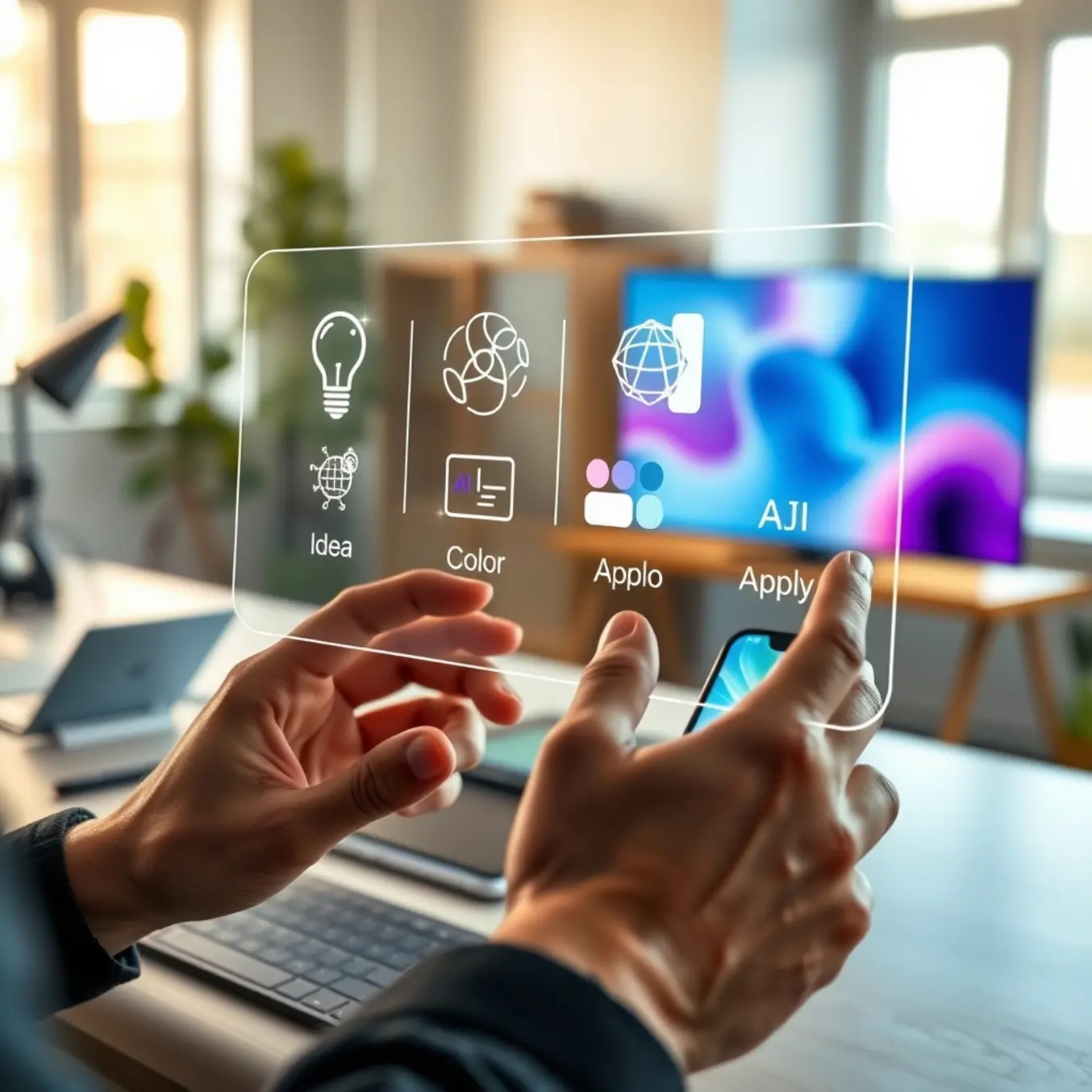 alt_text: A designer uses a sleek holographic interface with icons for Idea, AI, Edit, and Apply, bathed in soft morning light.