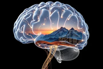 alt_text: A glowing crystal brain's neural pathways turn into code, painting a photorealistic mountain landscape at dawn on a dark canvas.