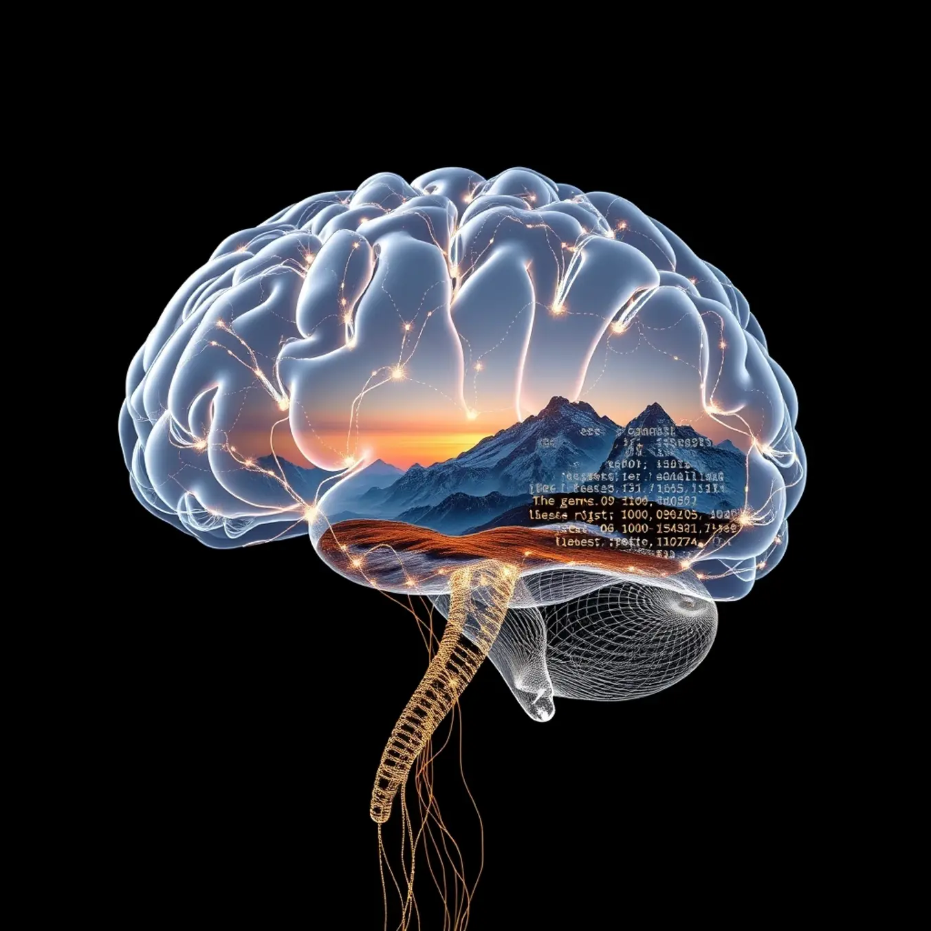 alt_text: A glowing crystal brain's neural pathways turn into code, painting a photorealistic mountain landscape at dawn on a dark canvas.