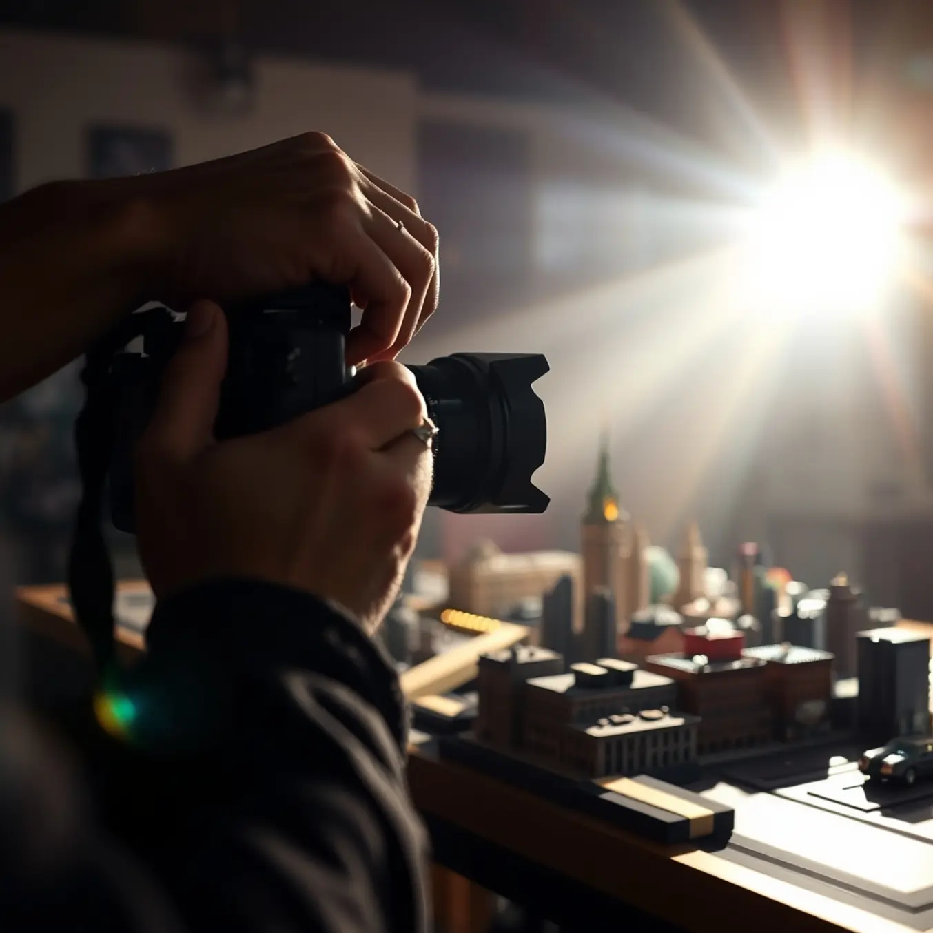 alt_text: A filmmaker adjusts lighting on a DSLR camera, focused on a detailed miniature cityscape with dramatic cinematic flair.