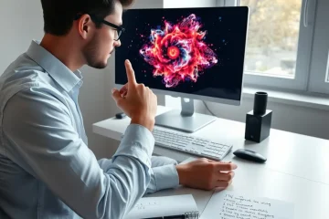 alt_text: A creator examines vibrant AI-generated artwork on a sleek monitor, surrounded by handwritten notes and sketches in a sunlit, minimalist workspace.