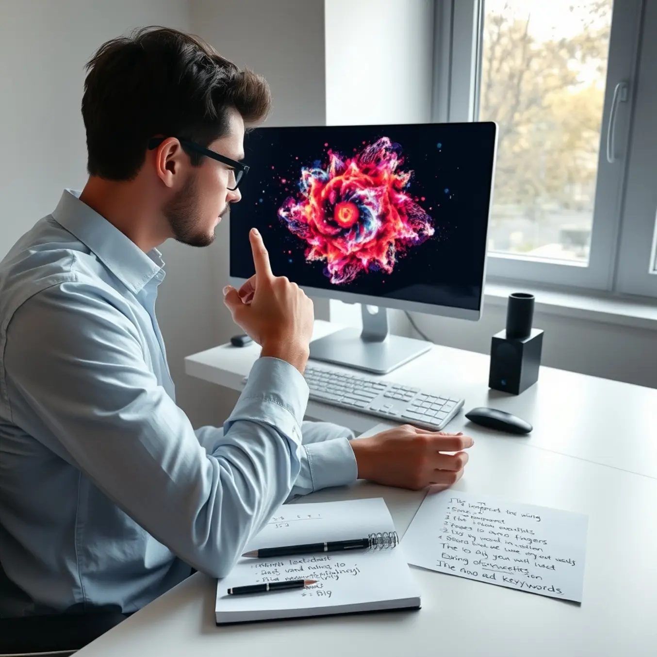alt_text: A creator examines vibrant AI-generated artwork on a sleek monitor, surrounded by handwritten notes and sketches in a sunlit, minimalist workspace.