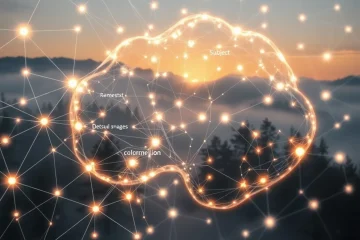 alt_text: A hyper-realistic blueprint of an AI's creative process, visualizing how keywords generate a misty forest landscape.