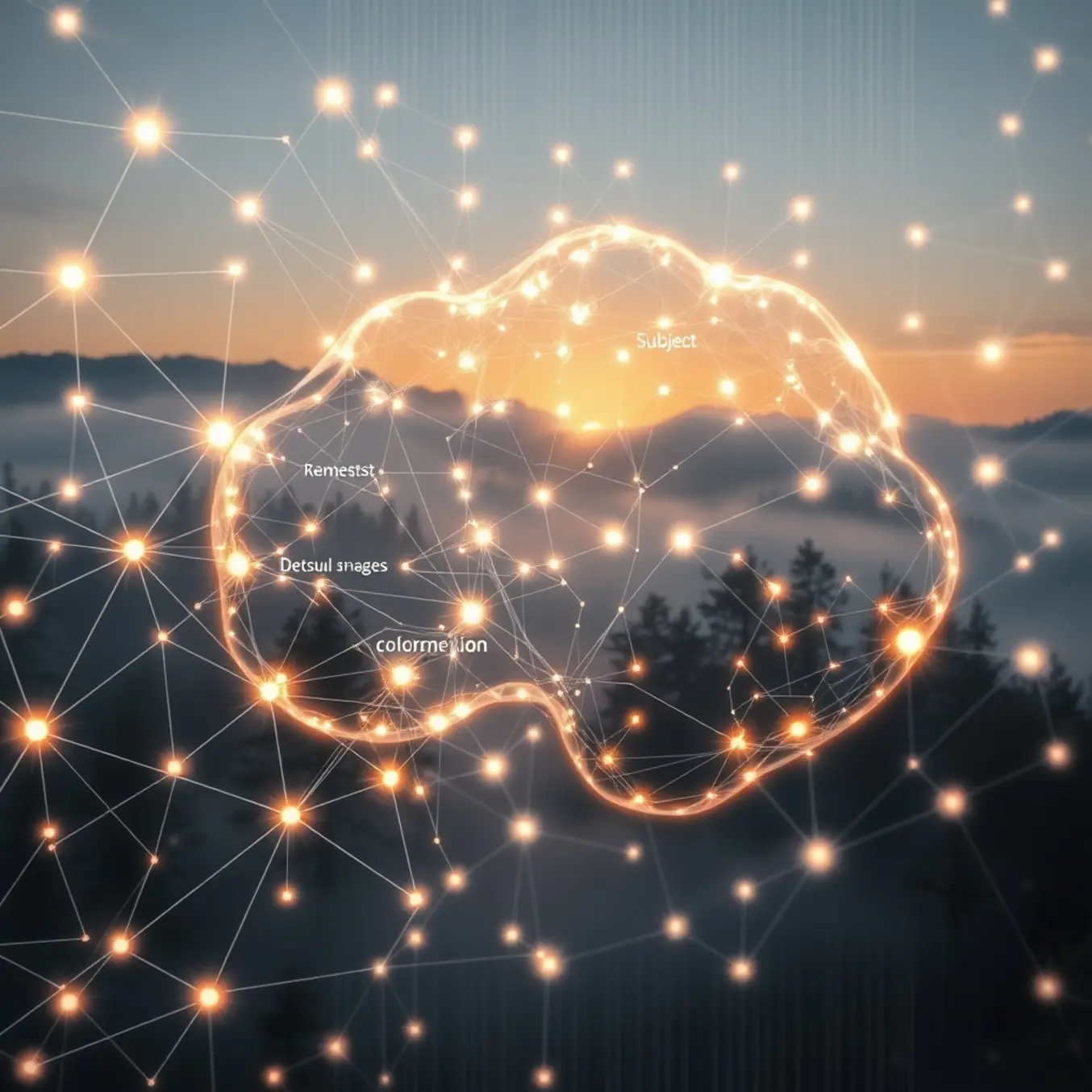 alt_text: A hyper-realistic blueprint of an AI's creative process, visualizing how keywords generate a misty forest landscape.