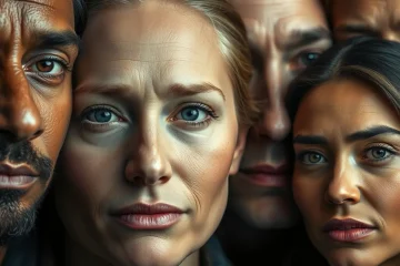 alt_text: A diverse group of people, rendered with photorealistic detail, look directly at the viewer with expressive emotions.