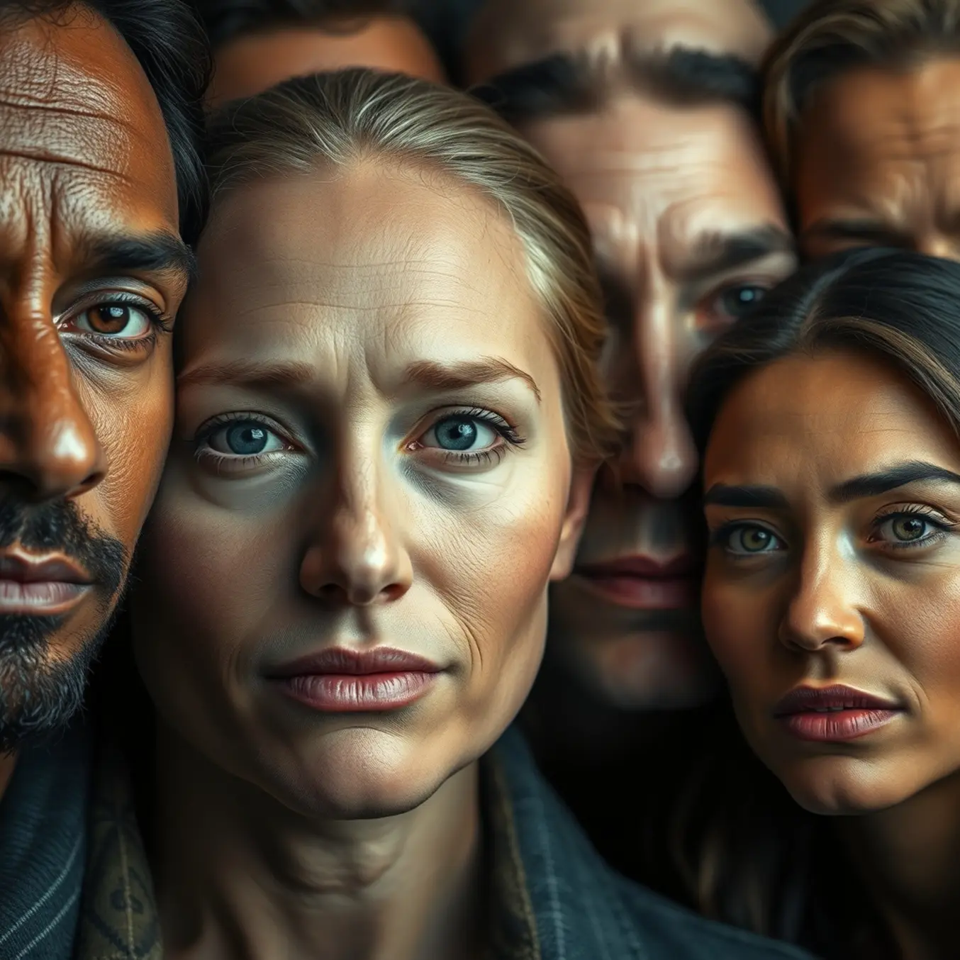alt_text: A diverse group of people, rendered with photorealistic detail, look directly at the viewer with expressive emotions.