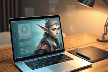 alt_text: A modern digital artist's workspace, featuring a laptop displaying a vibrant fantasy elf portrait surrounded by AI tool interfaces.