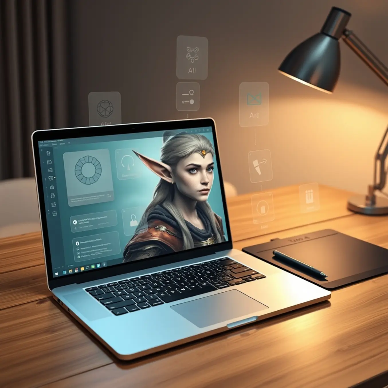 alt_text: A modern digital artist's workspace, featuring a laptop displaying a vibrant fantasy elf portrait surrounded by AI tool interfaces.