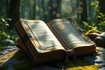 alt_text: An ancient, magical grimoire lies open on a mossy altar in an enchanted forest, glowing runes drifting from its pages.