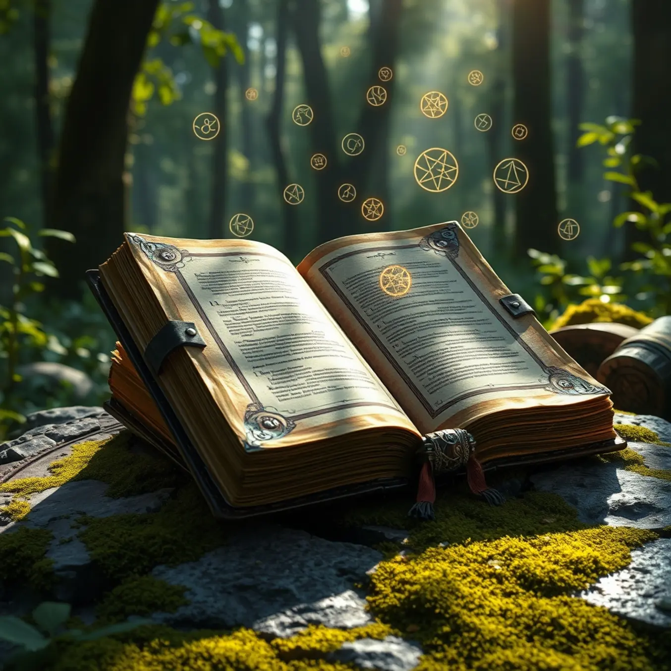 alt_text: An ancient, magical grimoire lies open on a mossy altar in an enchanted forest, glowing runes drifting from its pages.