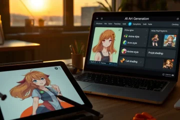 alt_text: A modern artist's workspace at golden hour, blending traditional artistry with AI tools to create vibrant anime art.