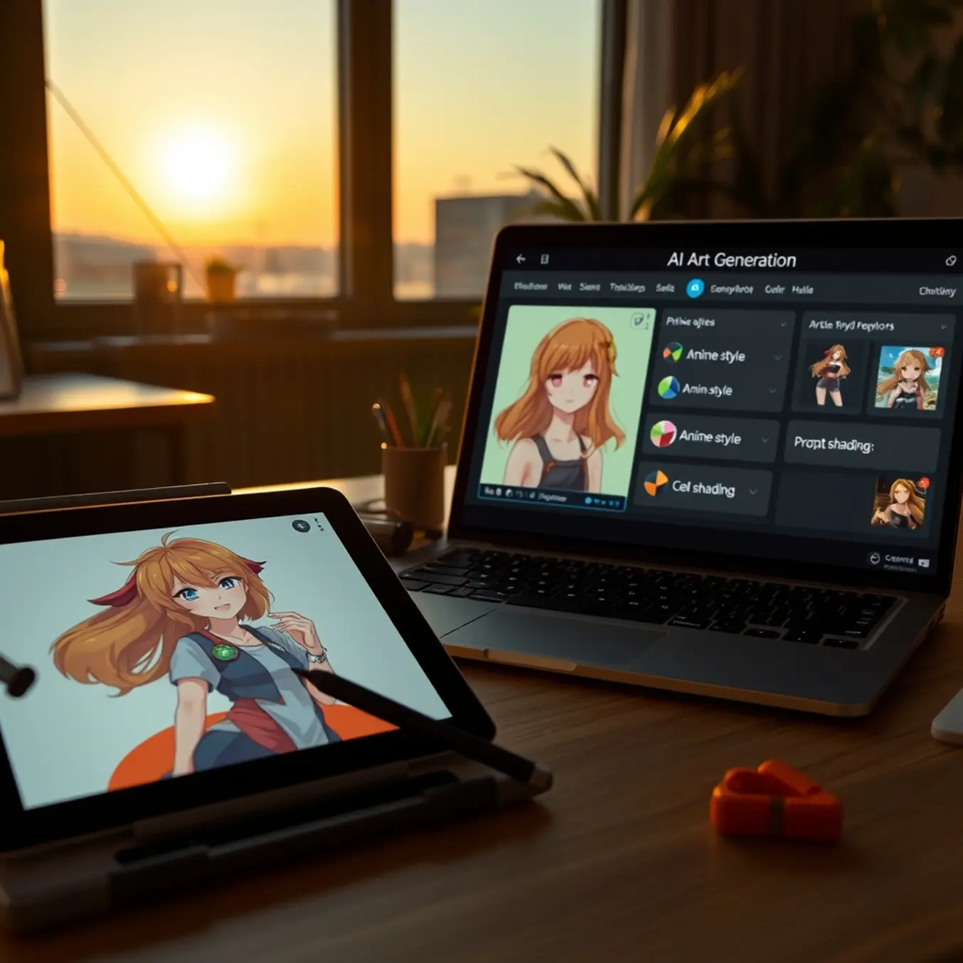 alt_text: A modern artist's workspace at golden hour, blending traditional artistry with AI tools to create vibrant anime art.