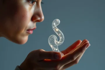 alt_text: A person contemplates a shimmering digital sculpture floating above their palm, with soft cinematic lighting highlighting fine details.