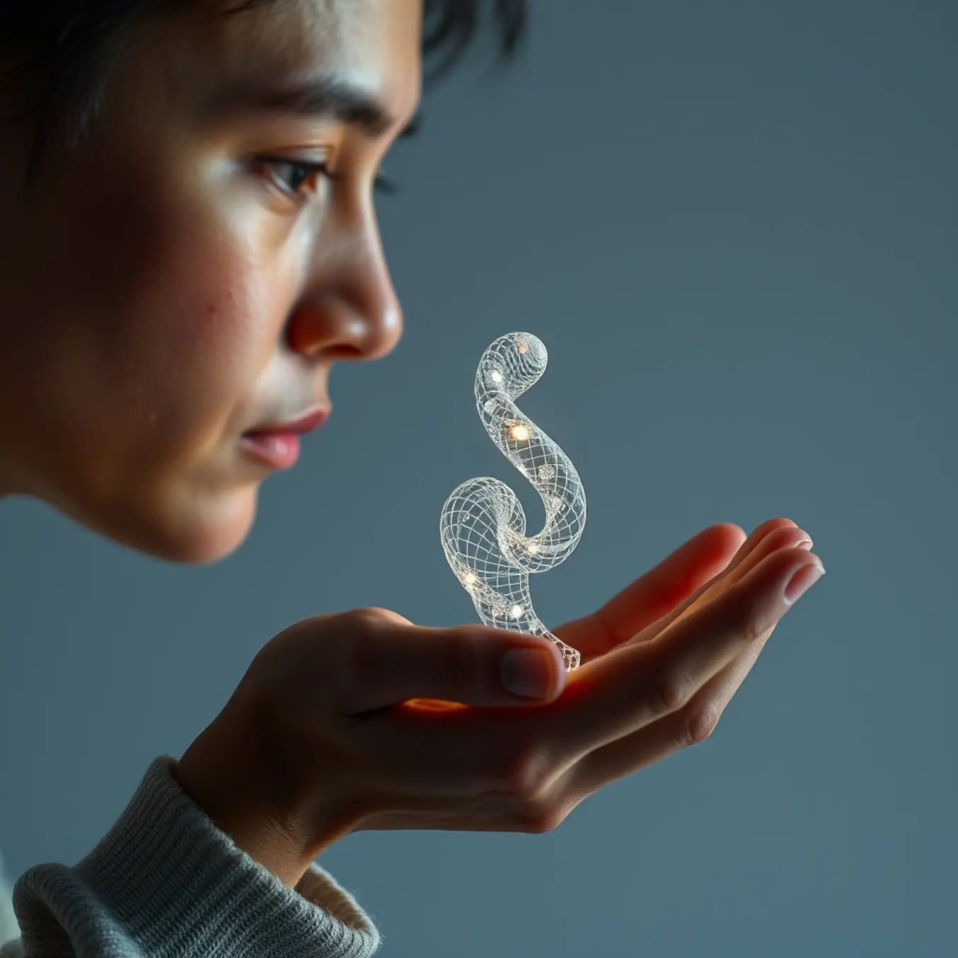 alt_text: A person contemplates a shimmering digital sculpture floating above their palm, with soft cinematic lighting highlighting fine details.
