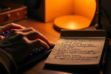 alt_text: A person typing on a backlit keyboard beside an open leather notebook with elegant handwritten instructions, lit by a warm desk lamp.