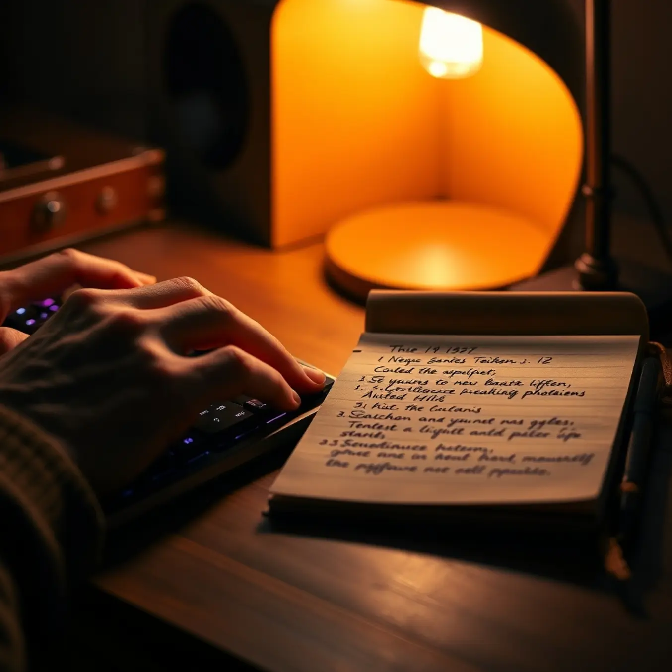 alt_text: A person typing on a backlit keyboard beside an open leather notebook with elegant handwritten instructions, lit by a warm desk lamp.