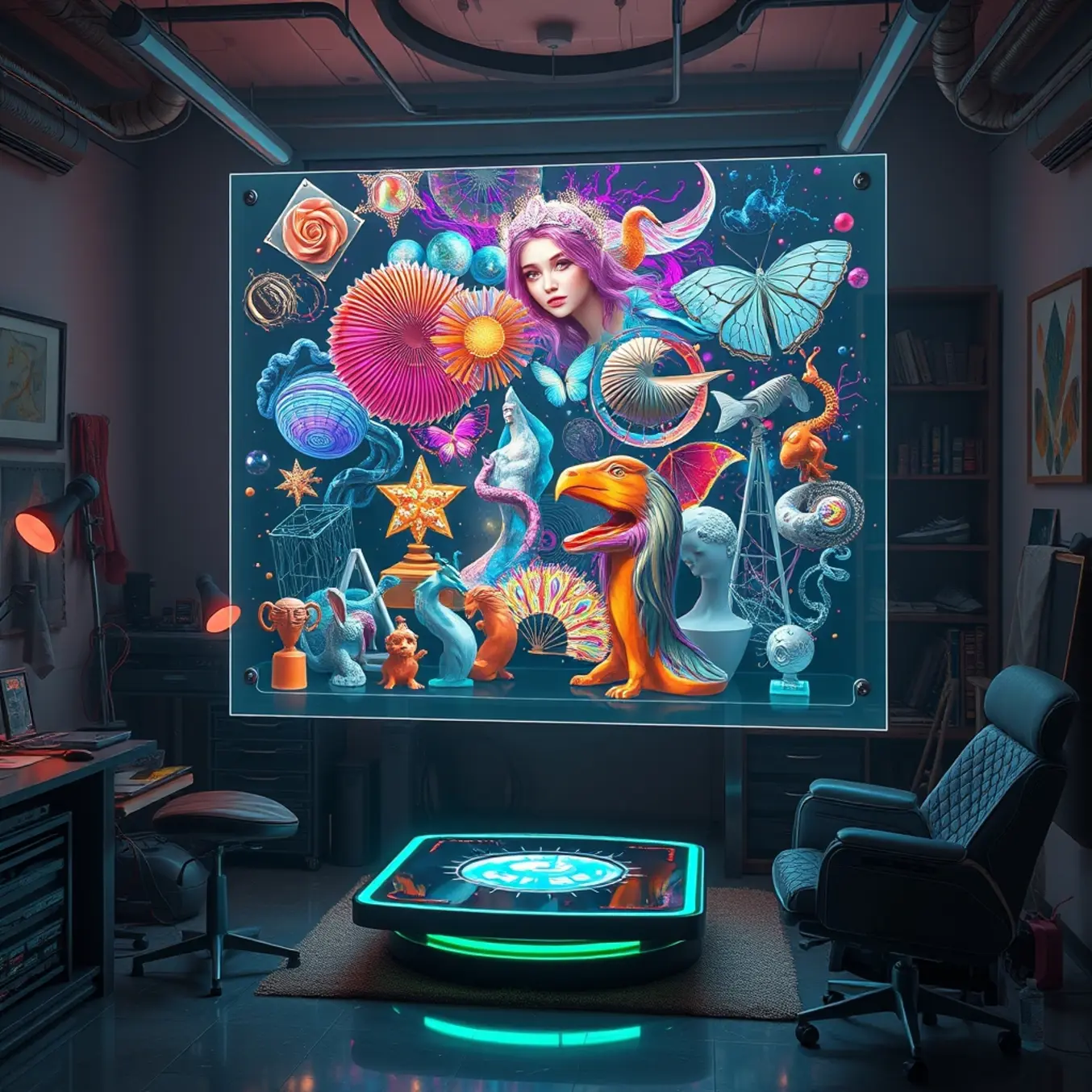alt_text: A futuristic artist's studio in 2025, where a central hologram displays evolving AI art styles materializing from swirling data particles.