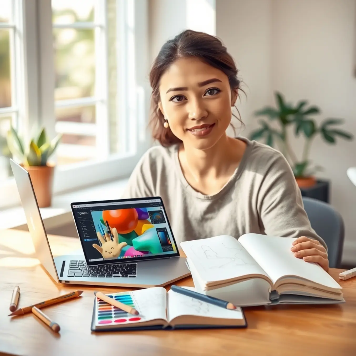 alt_text: A young woman at a sunlit desk, joyfully exploring digital and traditional art on her laptop and in her sketchbook.